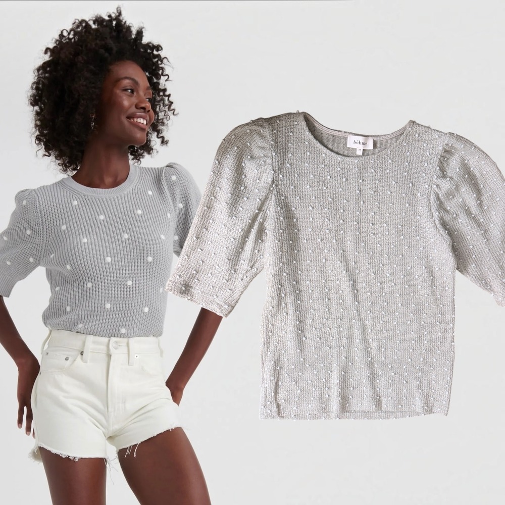Bohme Knit Sweater Top Pearl Embellished Puff Sleeve Grey Medium